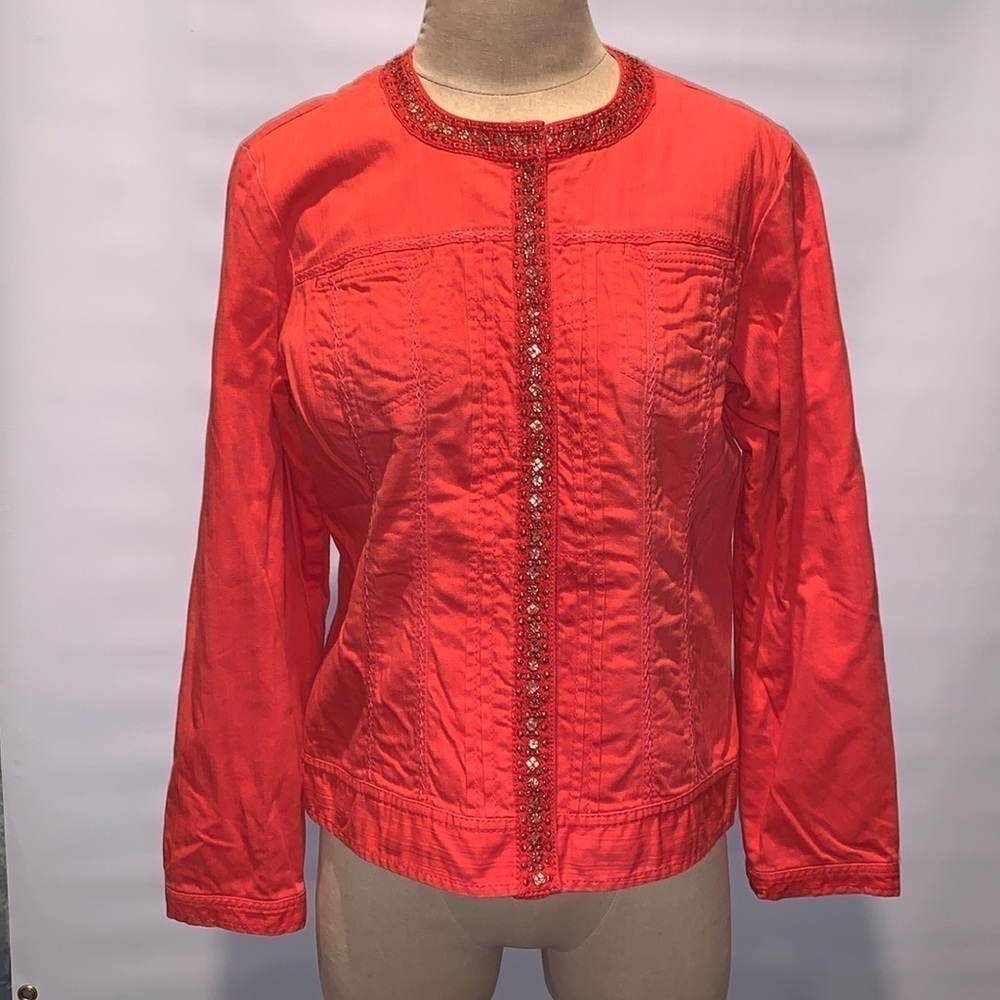 Chico's Orange Textured Jean Jacket with Fitted Silhouette